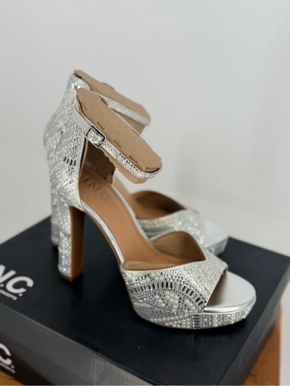 New INC Silver Crystal Platform Ankle Strap Heels - Women SIZE 8